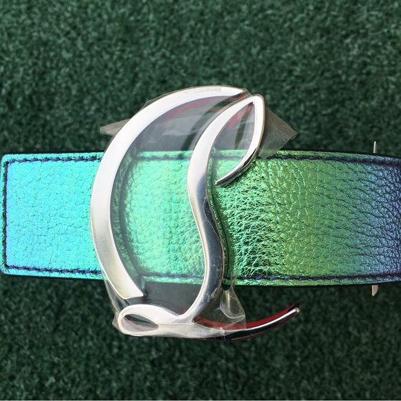New Christian Louboutin Logo Buckle Iridescent Leather Belt Rainbow Silver 75 - Picture 4 of 16